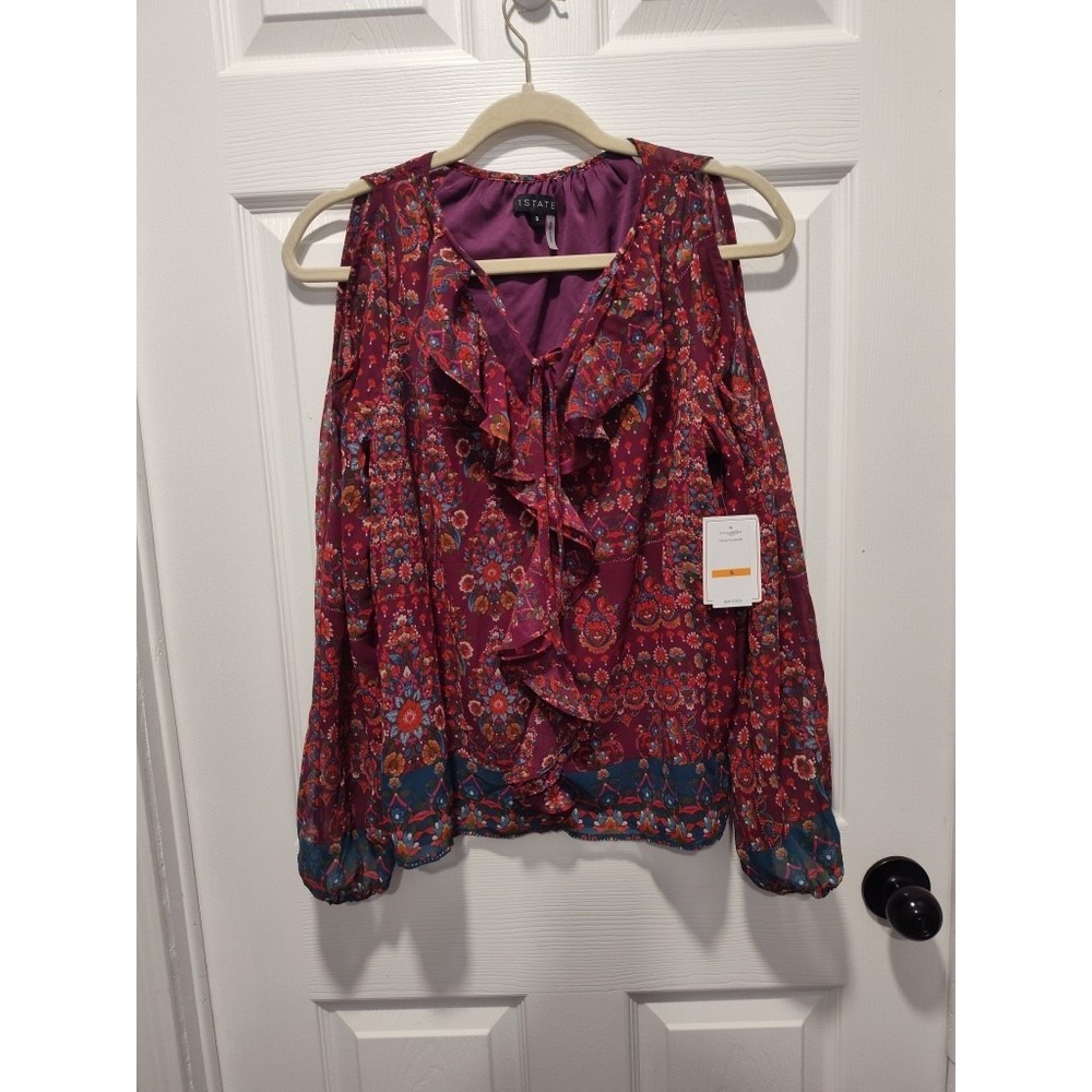 New 1.State Womens Size S Blouse Ruffle Cold Shoulder Top Tie Neck Floral Purple